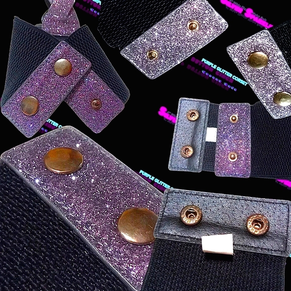 Glitter Poppin Purple Glimmer Stretchy Silver Shimmer Snap Button Cinch Belt | L - Picture 10 of 17